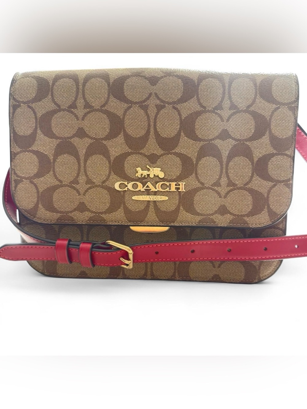 Coach Brown Signature Canvas Crossbody with Red Strap